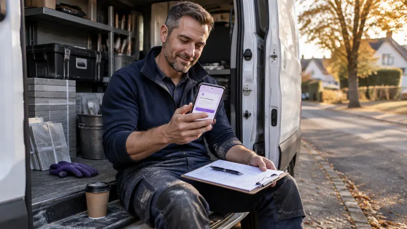 Handwerker liest eine neue Kundenanfrage auf dem Handy