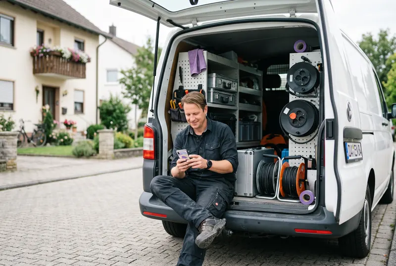 Elektriker sitzt in seinem Transporter und liest eine neue Kundenanfrage auf dem Handy
