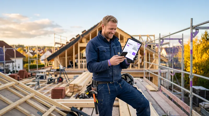 Handwerker auf der Baustelle mit der Website seines Betriebs auf dem Tablet