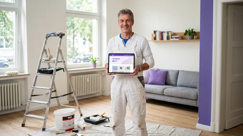 Malermeister zeigt auf dem Tablet die Website seines Betriebs im frisch gestrichenen Wohnzimmer