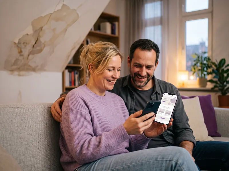Ehepaar sucht auf dem Sofa per Handy nach einem Handwerker für einen Wasserschaden