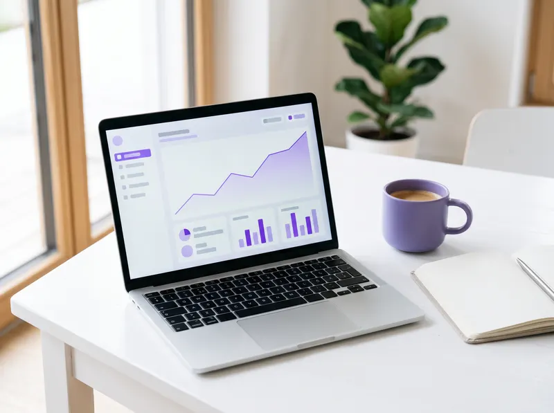 Laptop mit Auswertung der Website-Besucher in Violett