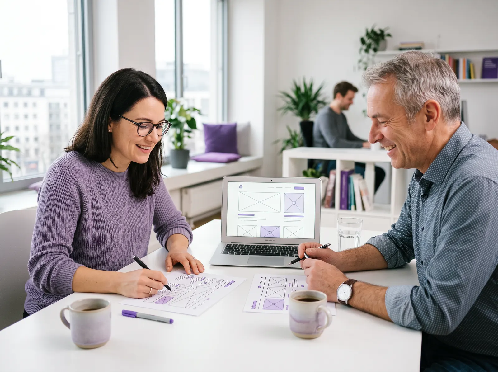 Zwei Personen planen gemeinsam eine SEO-Strategie für eine Website